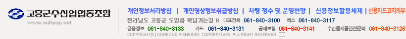 전라남도 고흥군 도양읍 봉암리 2209-21 대표전화 061-840-3100 팩스 061-840-3117 금융정보 061-840-3133 카드 061-840-3131 공제 061-840-3141 수산물 061-840-3127